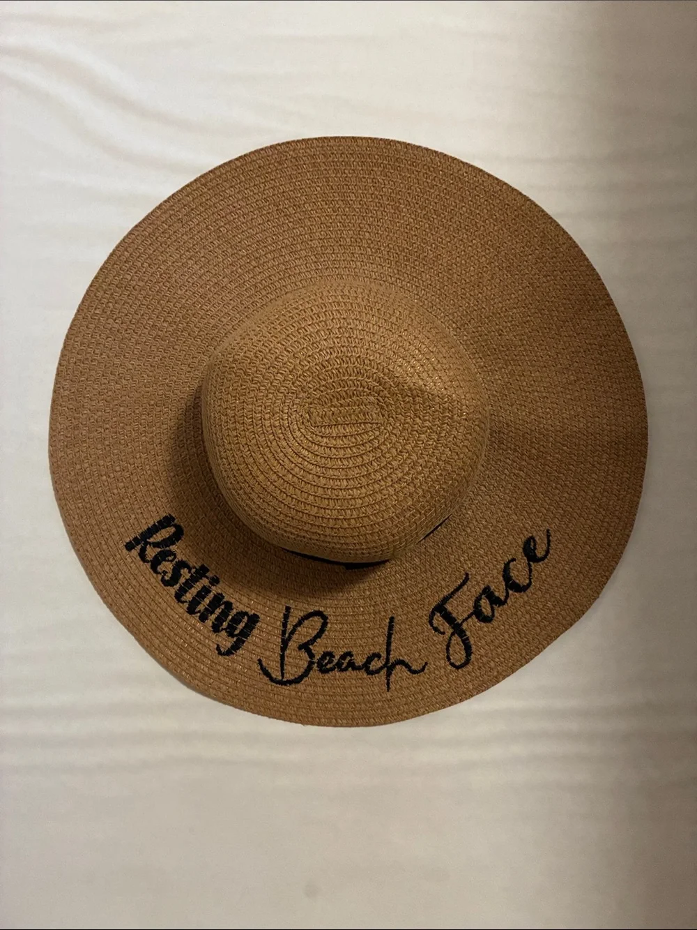 Wide Brim Straw beach Hat in Brown with 'Resting Beach Face' Script